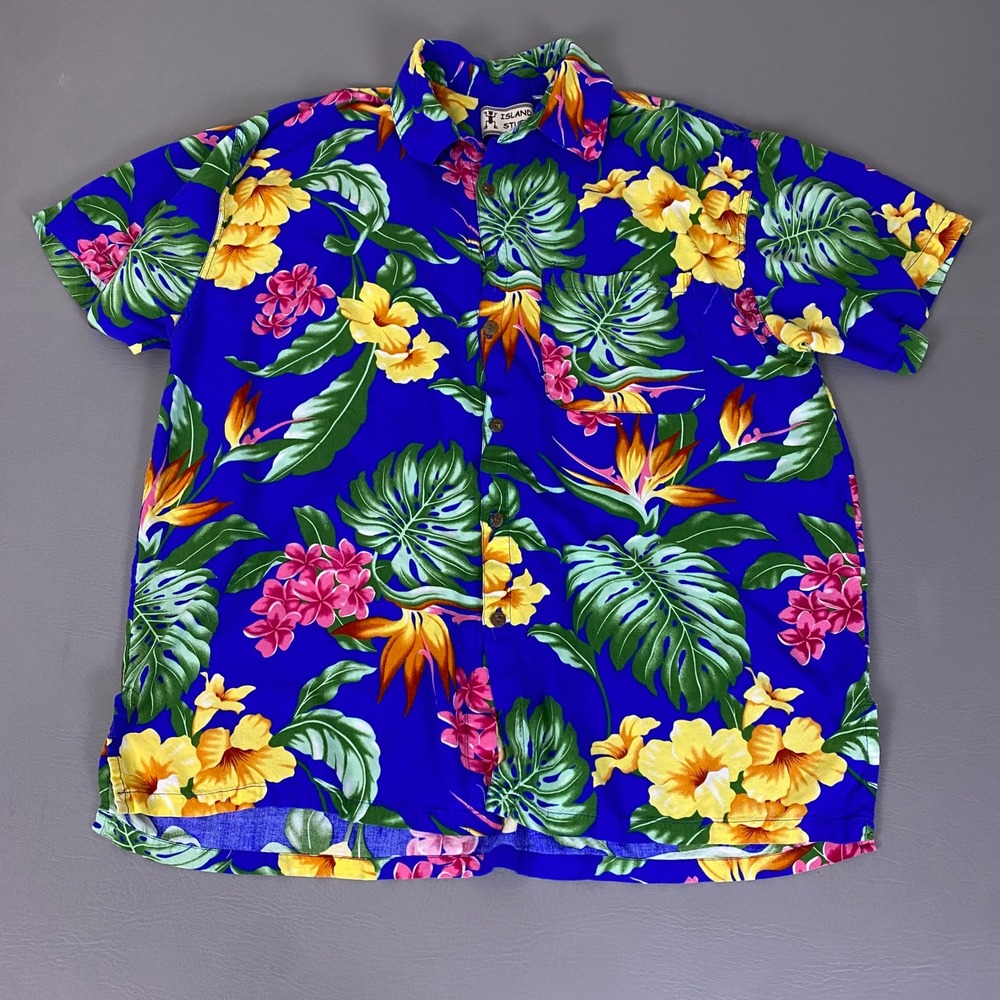 Island Stuff Hawaiian Shirt Men's XXL Blue Floral Tropical Rayon *Flawed